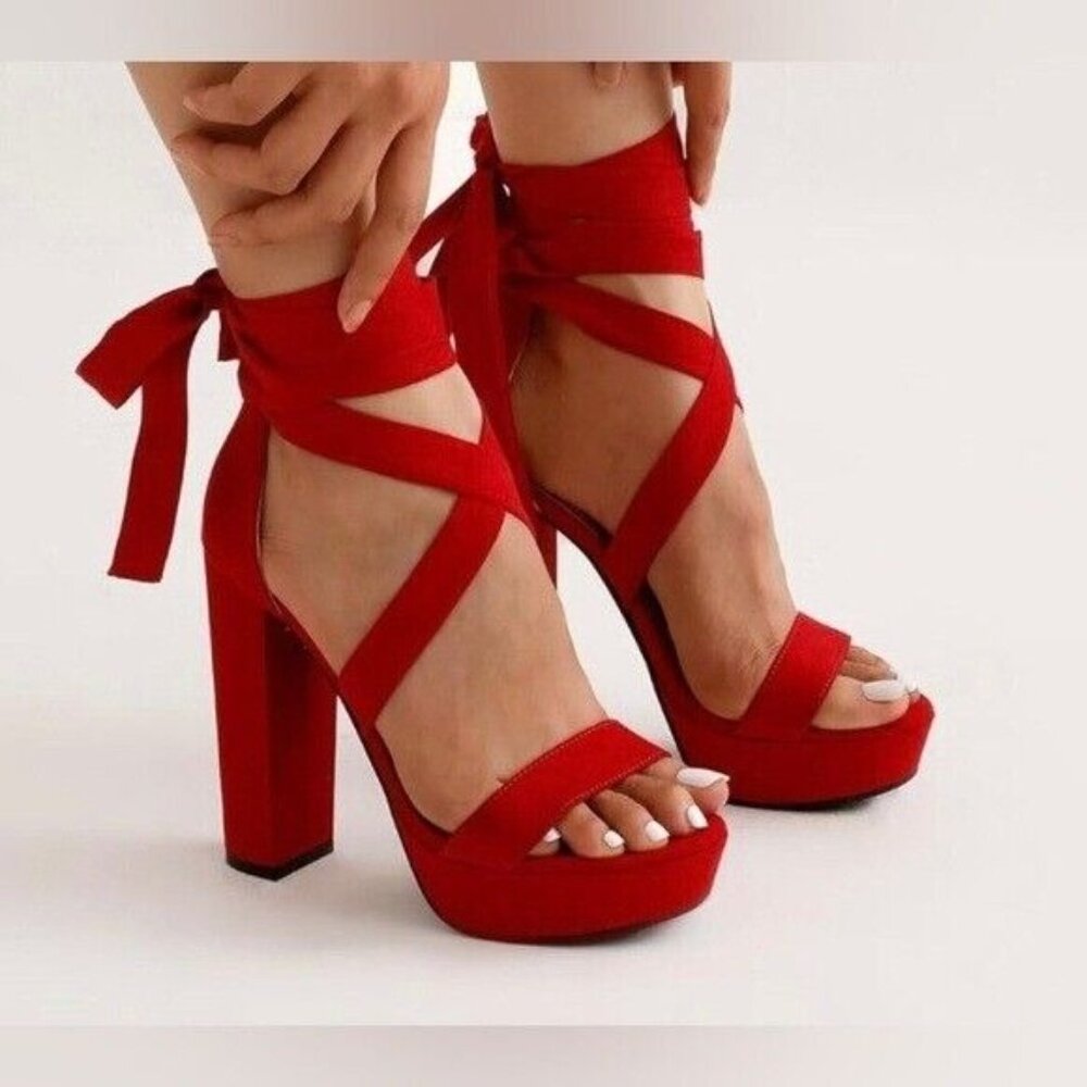 Red High Heels Chunky Block Platform Heels Red Size 9.5